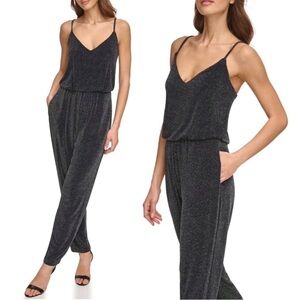 Eliza J Black Metallic Spaghetti Strap Blouson Jumpsuit 10